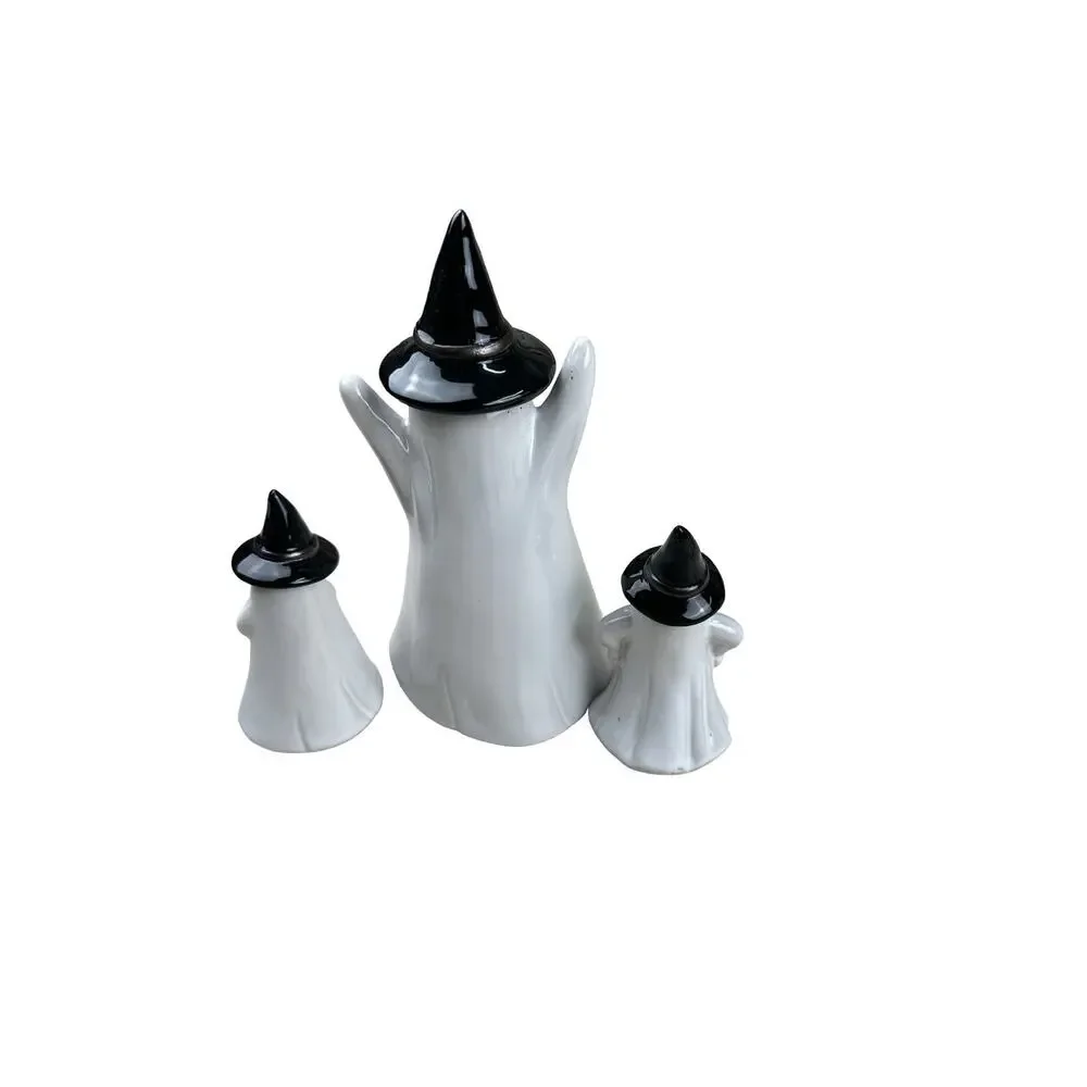 Set of 3 Halloween Ceramic Ghost Witch Hat Light Up Glowing Eyes Figurines
